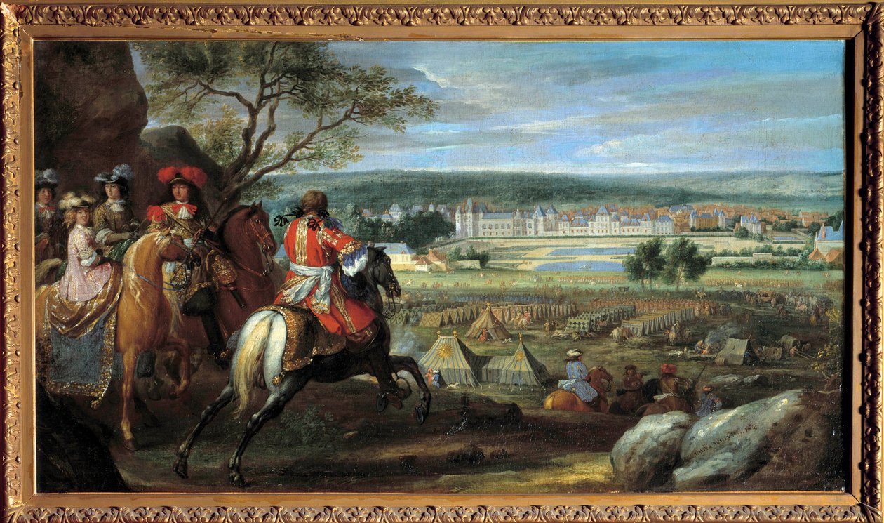 Ansicht des Schlosses von Fontainebleau im Jahr 1669, mit Ludwig XIV. (1638-1715) und Marie Therese von Österreich (1638-1683) Gemälde von Adam Frans van der Meulen (1632-1690) 1669 von Adam Frans van der Meulen