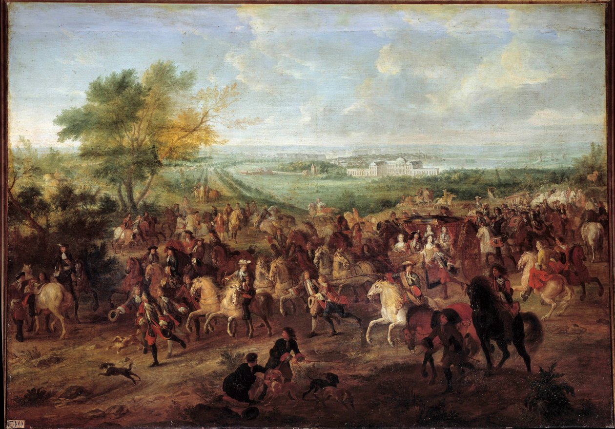 Kutschfahrt von König Ludwig XIV., Königin Marie Therese von Österreich, Dauphin Louis und Dauphine vor dem Schloss von Clagny in Versailles von Adam Frans van der Meulen