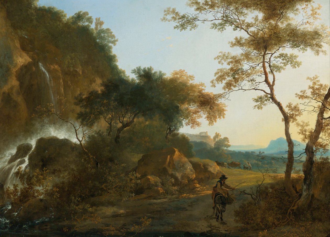 Italienische Landschaft mit einem Reisenden auf einem Pfad bei einem Wasserfall von Adam Pynacker