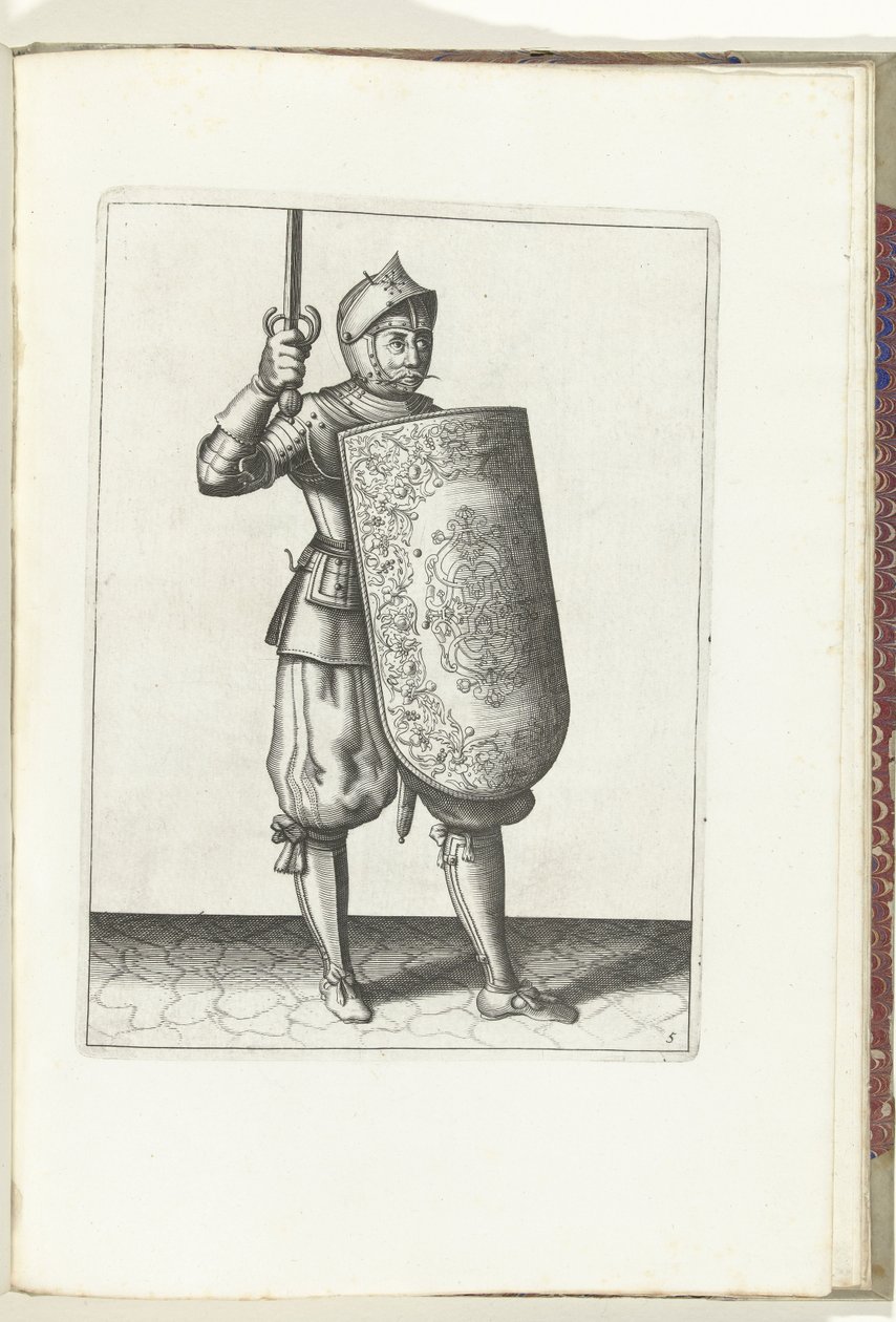 Übung mit Targe und Rapier: Der Soldat hält das gezogene Rapier nicht höher als sein Gesicht (Nr. 5), 1618 von Adam van Breen
