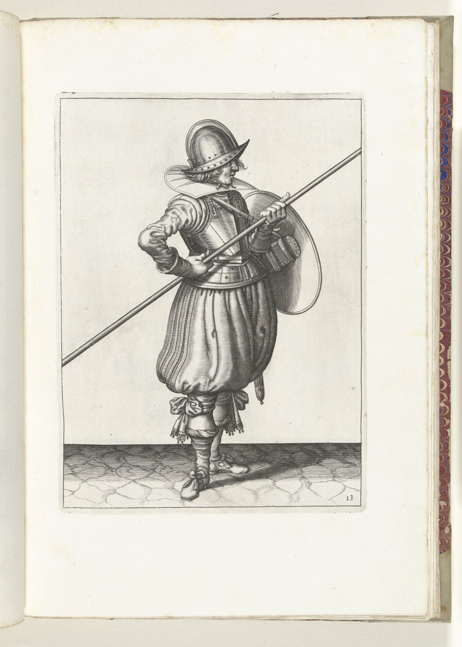 Die Übung mit Schild und Speer: der Soldat bringt in zwei Zeiten den Speer in Position zum Schleppen, erste Bewegung (Nr. 13), 1618 von Adam van Breen