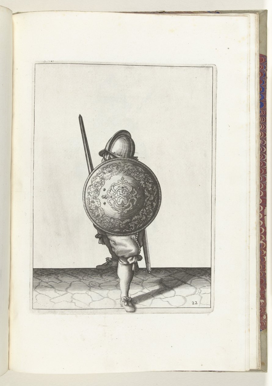 Die Übung mit Schild und Speer: Der Soldat in einer Verteidigungshaltung mit einem Fuß nach vorne und mit seinem Rapier und Schild auf dem Knie vor dem Körper, von vorne gesehen, 1618 (Serie) von Adam van Breen
