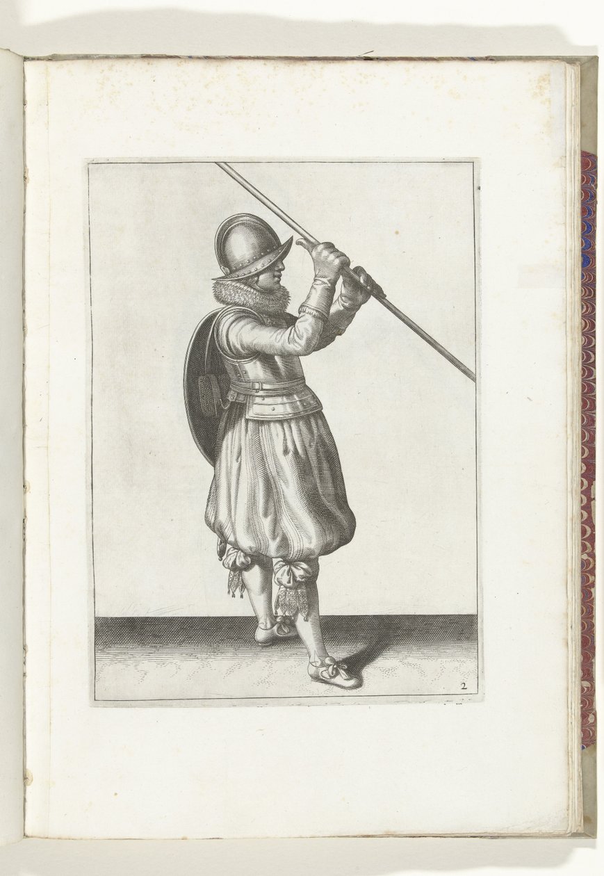 Die Übung mit Schild und Speer: der Soldat mit dem Speer schräg in beiden Händen und dem Schild auf dem Rücken (Nr. 2), 1618 von Adam van Breen