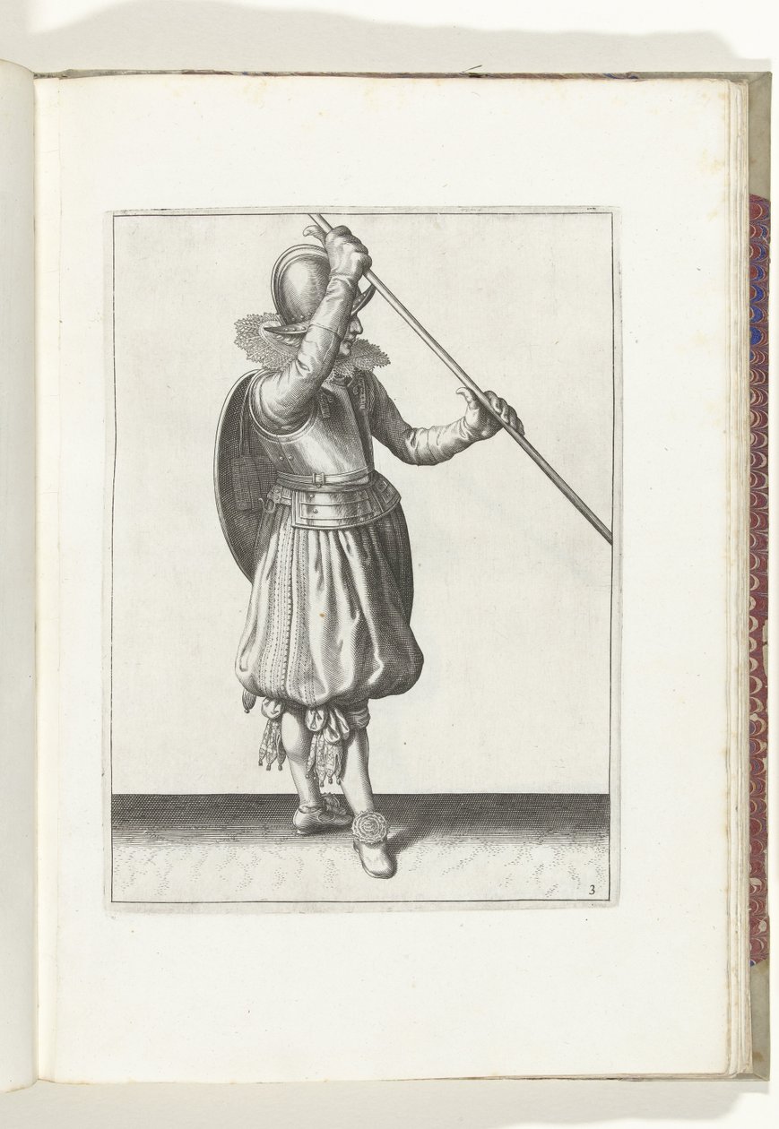 Die Übung mit Schild und Spieß: der Soldat mit dem Spieß schräg in beiden Händen mit der rechten Hand am Kopf und dem Schild auf dem Rücken (Nr. 3), 1618 von Adam van Breen