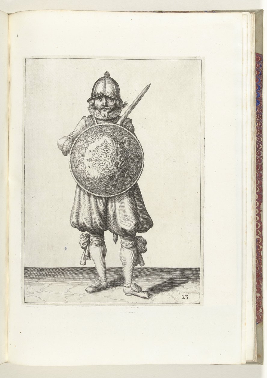 Übung mit Schild und Speer: der Soldat steht in Ruhe, sein Rapier ruht auf der linken Schulter hinter dem Schild (Nr. 23), 1618 von Adam van Breen