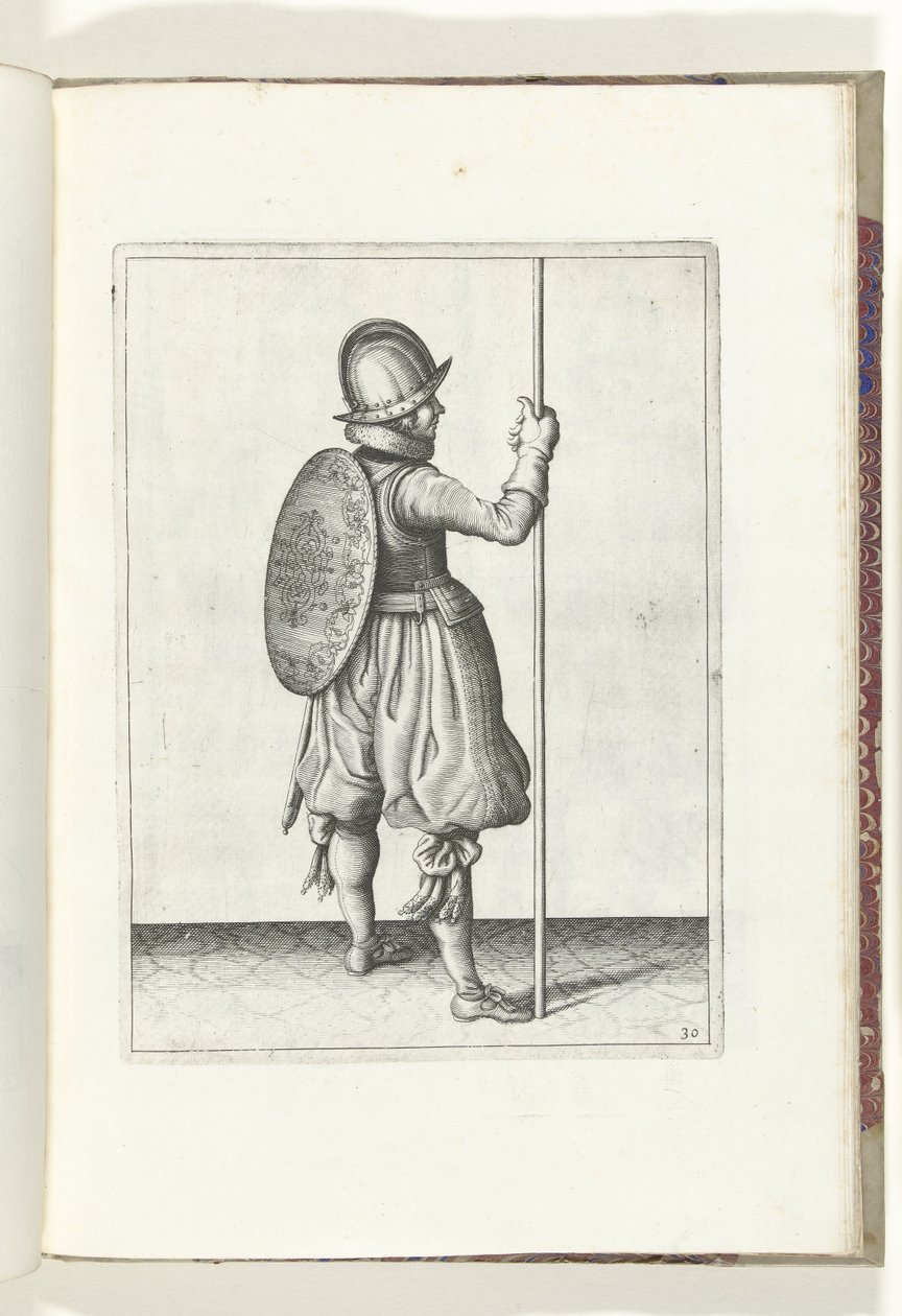 Die Übung mit Schild und Speer: der Soldat stehend mit dem Speer auf dem Boden neben dem rechten Fuß (Nr. 30), 1618 von Adam van Breen
