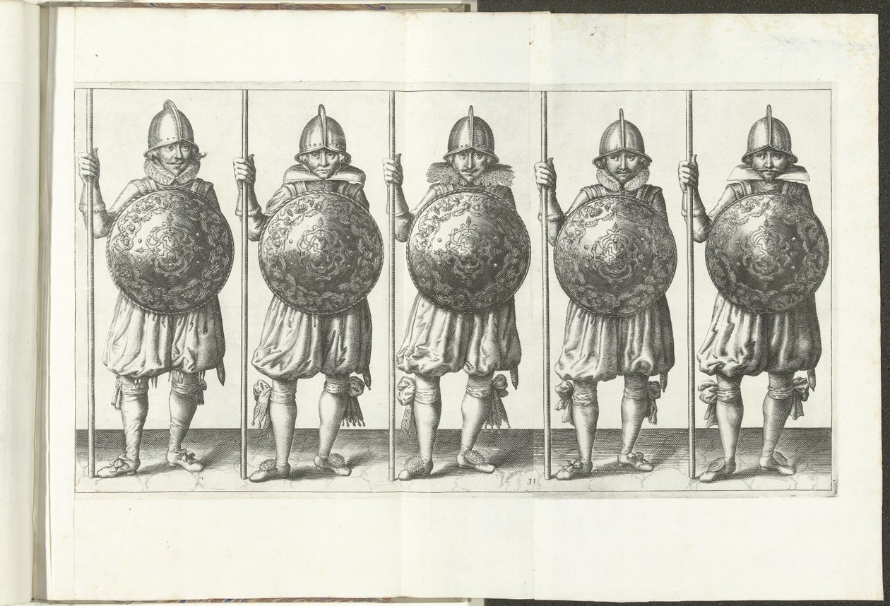 Die Übung mit Schild und Speer: fünf Soldaten nebeneinander stehend mit dem Speer in der rechten Hand auf dem Boden ruhend und dem Schild vor der Brust (Nr. 31), 1618 von Adam van Breen