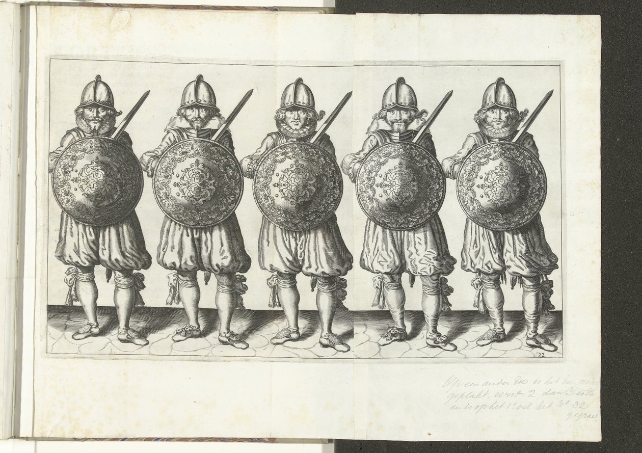 Die Übung mit Schild und Speer: fünf Soldaten stehen nebeneinander in der Reihe mit dem Rapier in der rechten Hand und dem Schild vor der Brust (Nr. 32), 1618 von Adam van Breen