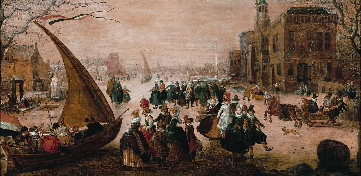 Winterlandschaft mit zahlreichen elegant gekleideten Figuren, die auf einem zugefrorenen Fluss Schlittschuh laufen, mit einer Eisyacht von Adam van Breen
