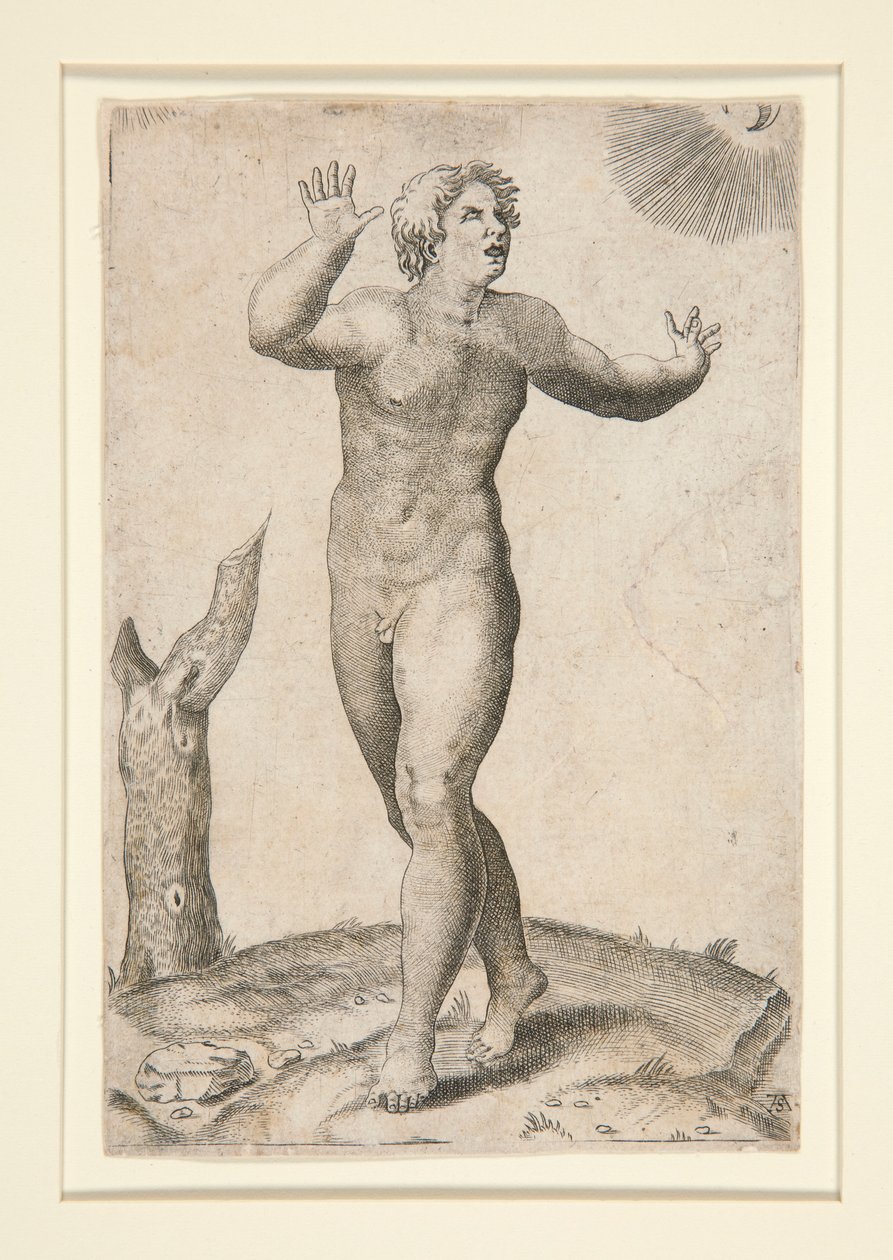 Ein nackter Mann, der erschrocken ist, weil er gleichzeitig den Mond und die Sonne am Himmel sieht von Adamo Scultori