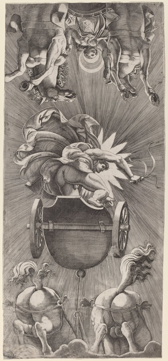 Der Sonnenuntergang mit den Streitwagen von Apollo und Diana von Adamo Scultori after Giulio Romano