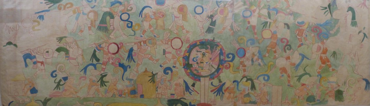 Teil des Wandgemäldes auf der SW-Seite des Tempels der Jaguare in Chichen Itza. Nach einem Aquarell von Adela Breton um 1907, in der Sammlung des Bristol Museum and Art Gallery von Adela Breton