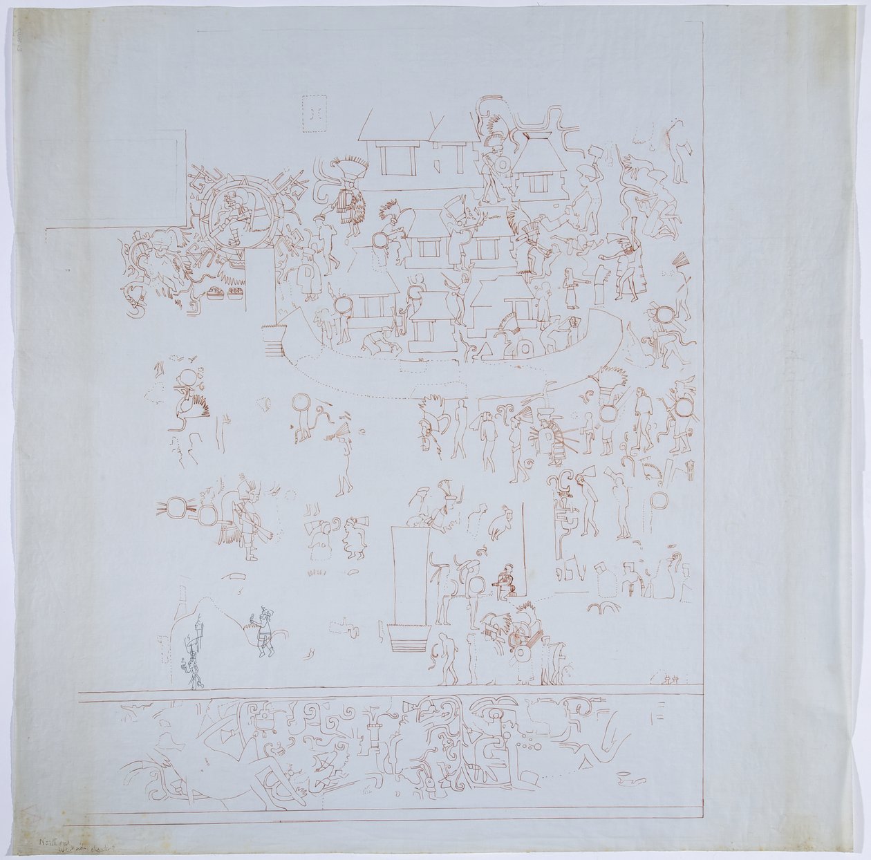 Kopie eines vollständigen Wandgemäldes von der Westwand, Oberer Tempel der Jaguare, Chichen Itza, Mexiko, Innerer Raum an der Westwand, gezeichnet in roter Tinte von Adela Breton
