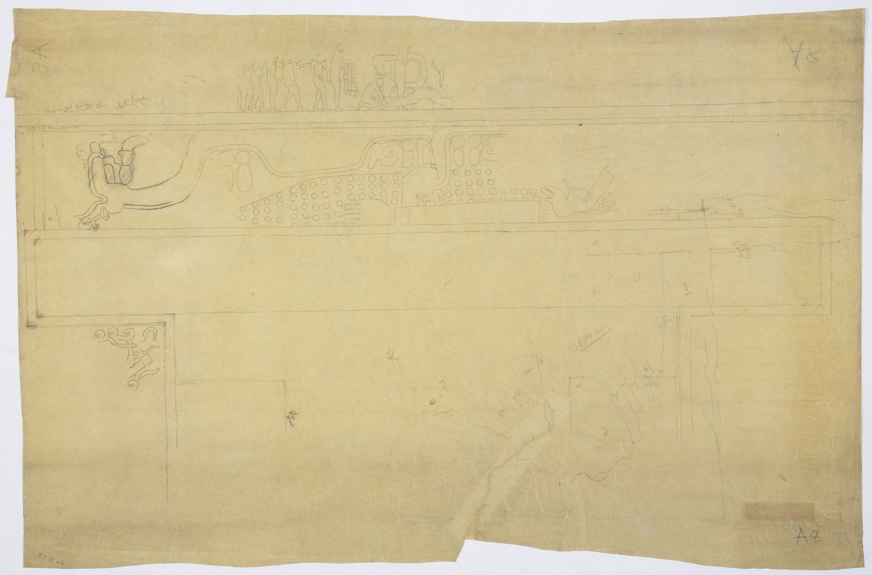 Kopie einer Nachzeichnung eines Wandgemäldes über der Tür, Oberer Tempel der Jaguare, Chichen Itza, Mexiko, Bleistift 