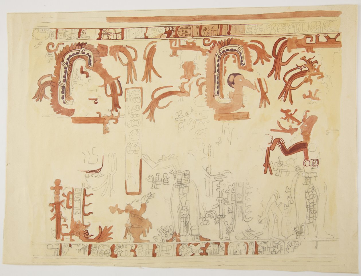 Design von einem Topf aus Belize (ehemals Britisch-Honduras). Design beinhaltet menschliche Figuren und gefiederte Schlangen von Adela Breton