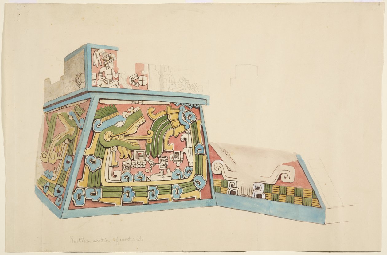 Gemälde eines Steinreliefs aus Xochicalco, Mexiko, Nordende der Westseite der unteren Terrasse von Adela Breton