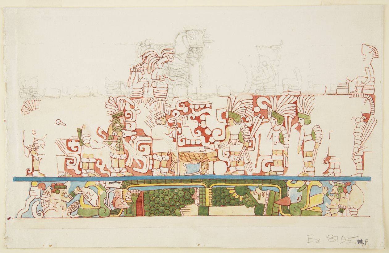 Steinrelief aus der Mitte der Nordwand, Nordgebäude C, Ballspielplatz, Chichen Itza, Mexiko von Adela Breton