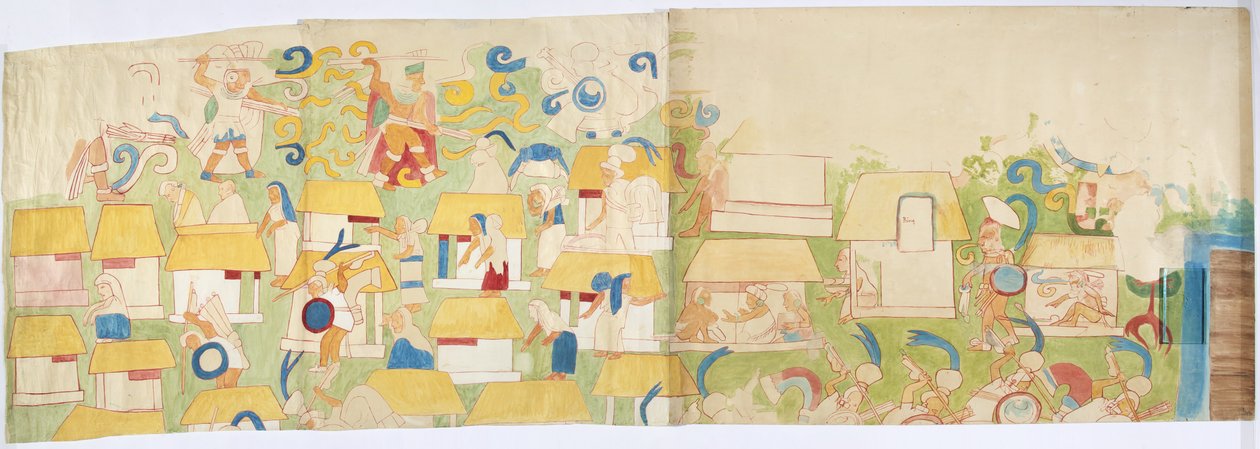 Abzeichnung eines Wandgemäldes (in vier Teilen - a,b,c,d) von der Südwestwand, Oberer Tempel der Jaguare, Chichen Itza, Mexiko (Aquarell & Körperfarbe) von Adela Breton