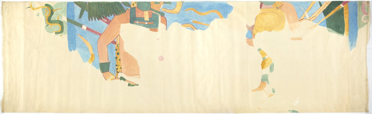 Abzeichnung eines Wandgemäldes in Chichen Itza, Mexiko von der Ostwand, innerer Mittelraum, Oberer Tempel der Jaguare, Großer Ballspielplatz von Adela Breton