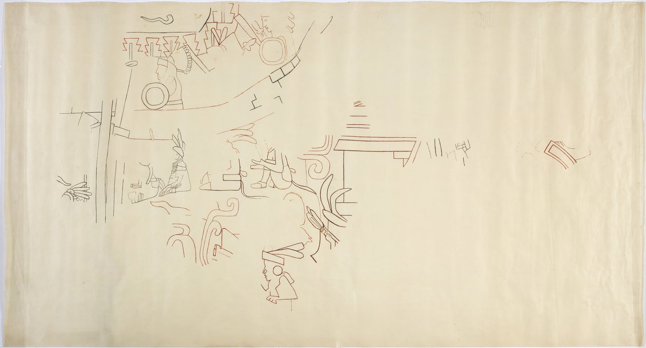 Abzeichnung eines Wandgemäldes aus Casa de Monjas, Chichen Itza, Mexiko, Gewölbe in großer Kammer von Adela Breton
