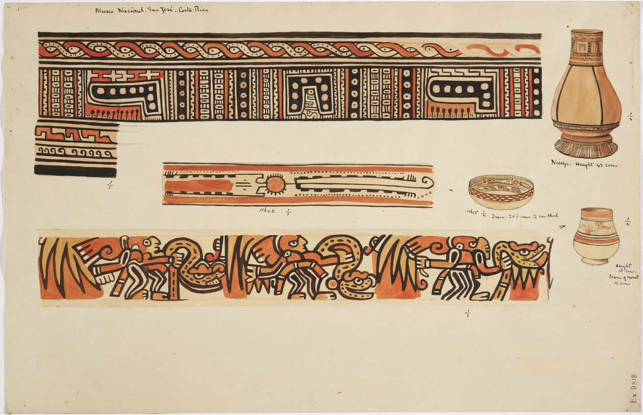 Zwei Krüge (einer mit einem hohen, schmalen Hals) und eine Schale mit Designs von Adela Breton