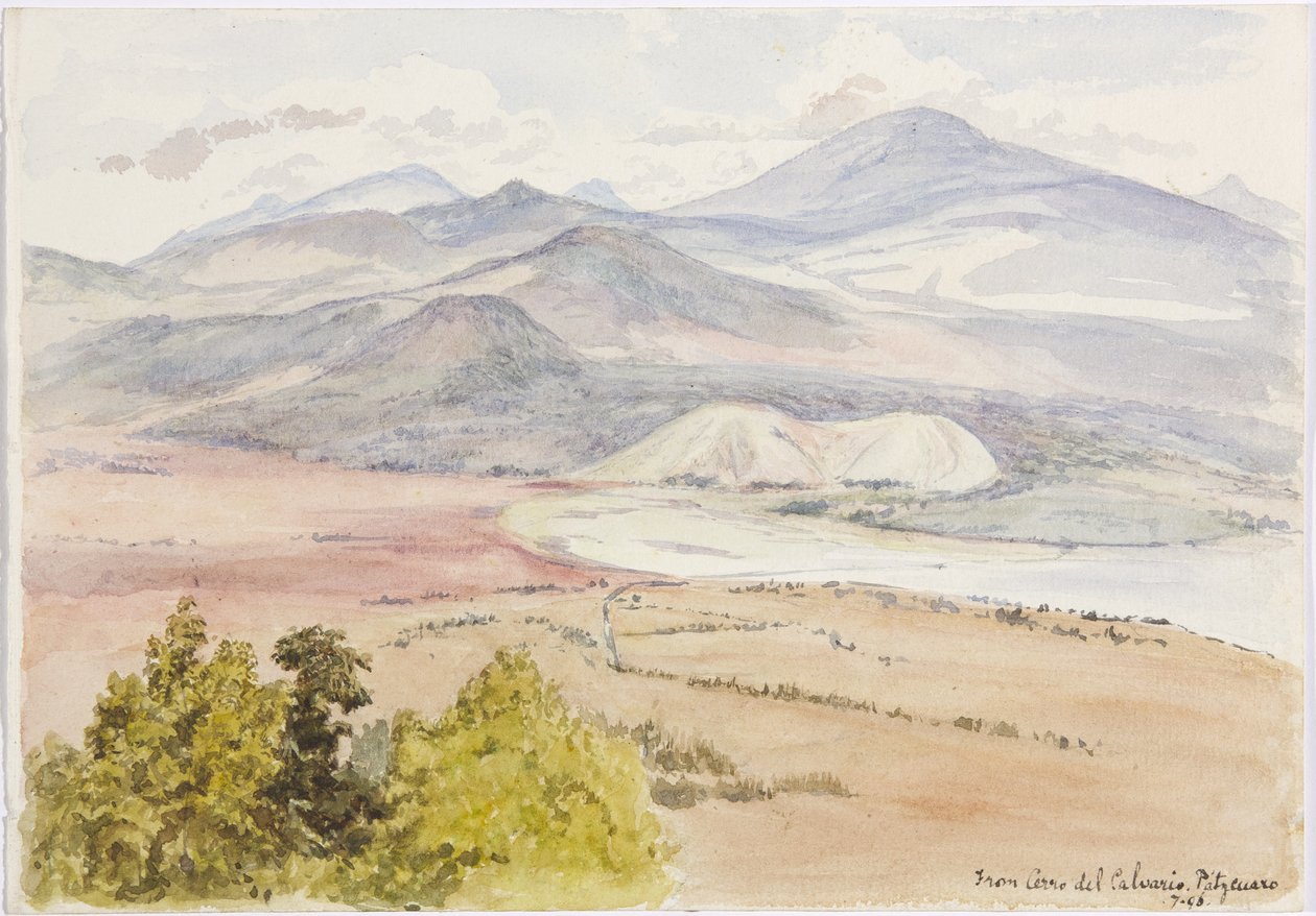 Blick vom Cerro del Calvario, Patzcuaxo auf einer Seite des Papiers und auf der anderen Seite ein Blick auf die alte Festung und Steinhügel, Iguatcho vom Cerro del Calvario, Patzcuaro, Michoacan, Mexiko von Adela Breton
