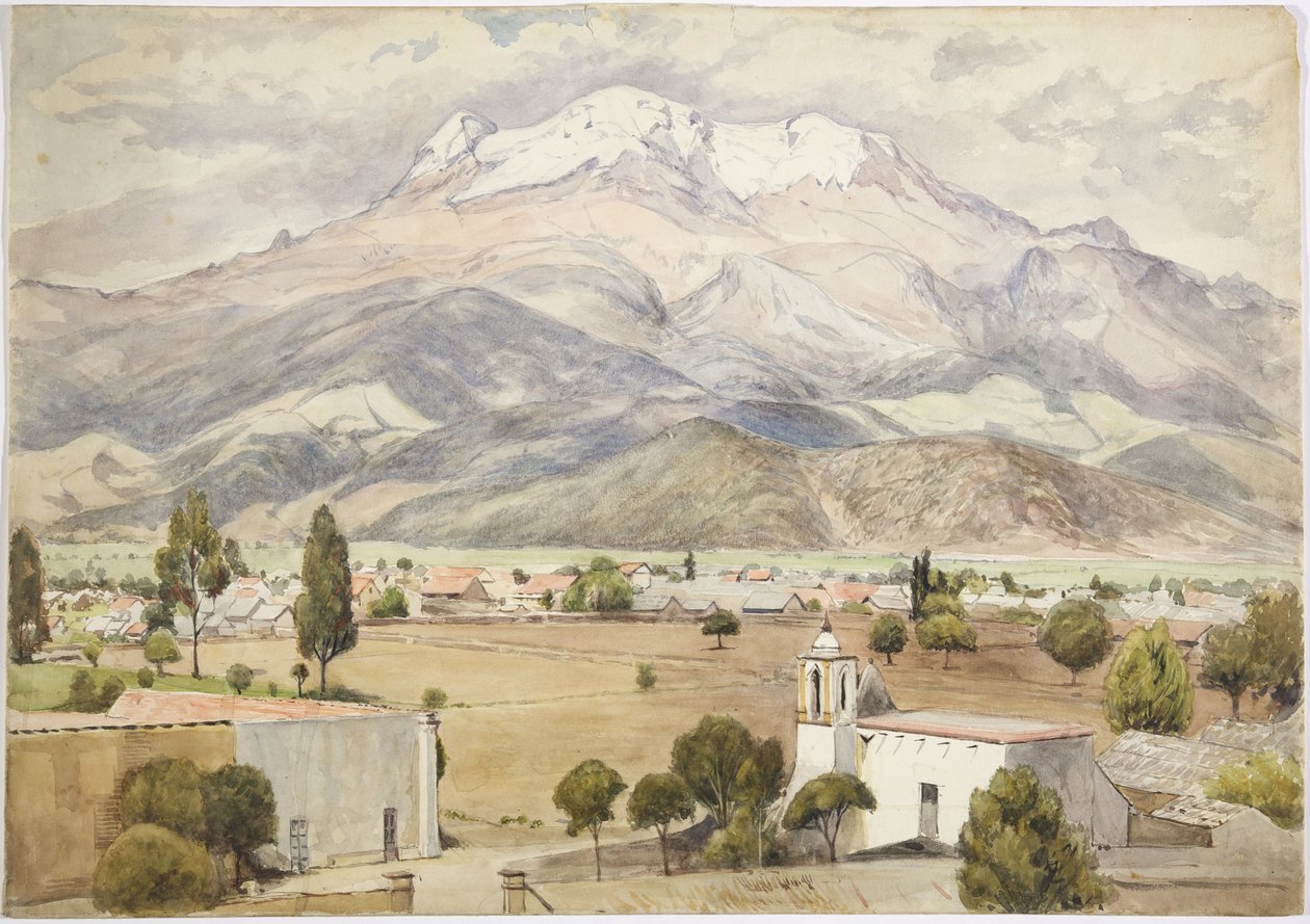 Dorf im Vordergrund und Berge dahinter von Adela Breton