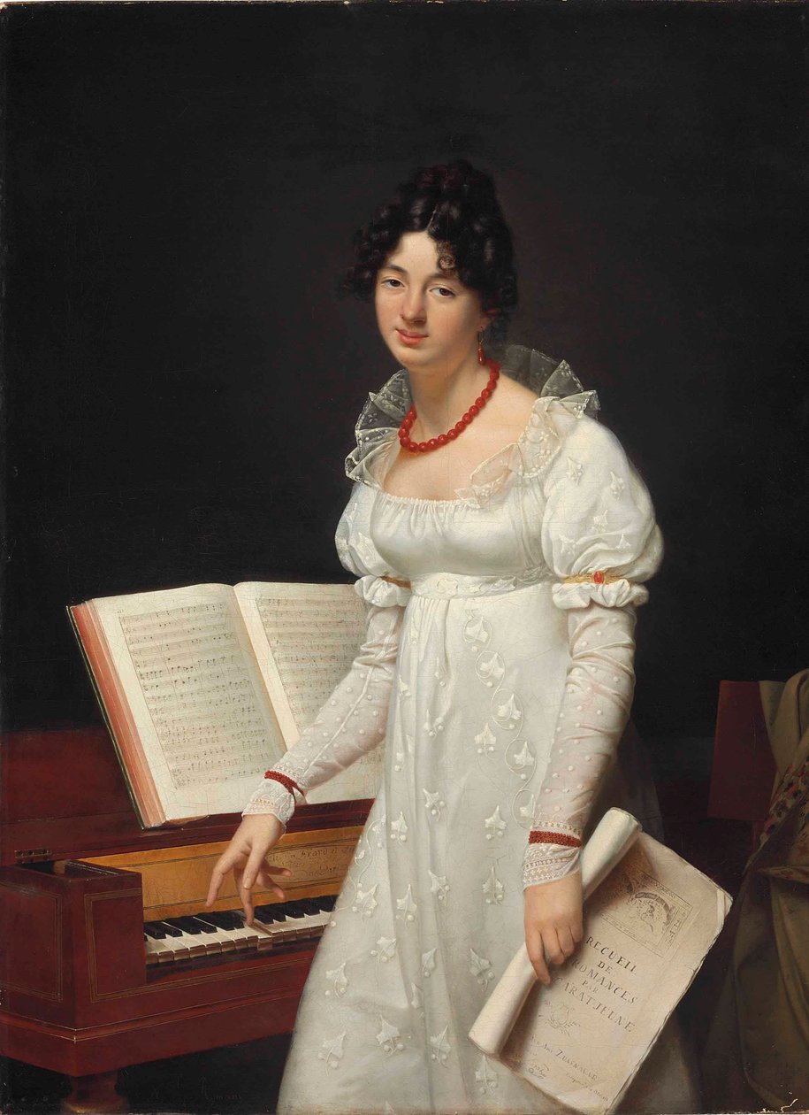 Porträt einer Dame neben einem Pianoforte mit einem Manuskript von Adele Romany