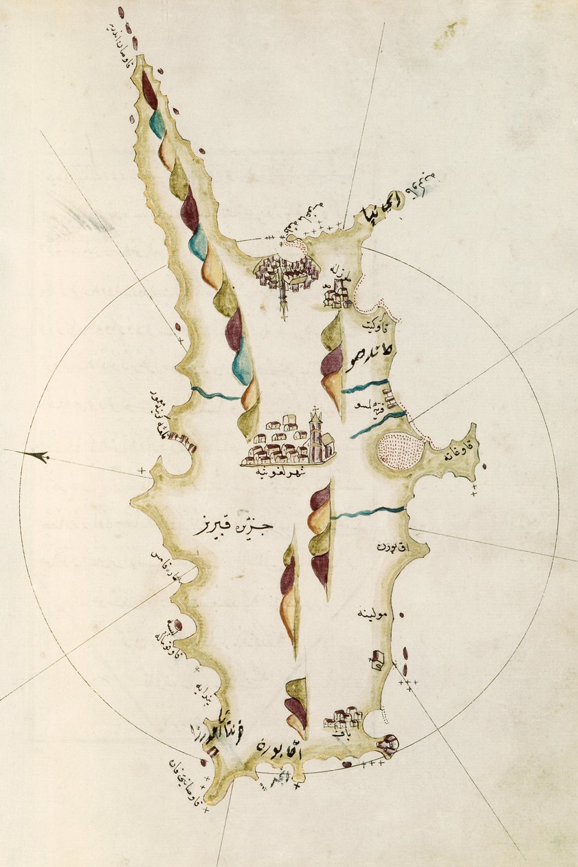 Karte der Insel Zypern, Illustration aus dem Portolano-Atlas von Admiral Piri Reis von Admiral Piri Reis