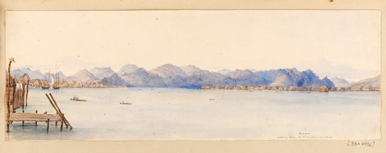 Borneo - Blick auf den Fluss von unserem Haus aus, aus dem Westindien-, Nordamerika- und Borneo-Sammelalbum, ca. 1845 von Admiral Sir Edward Gennys Fanshawe