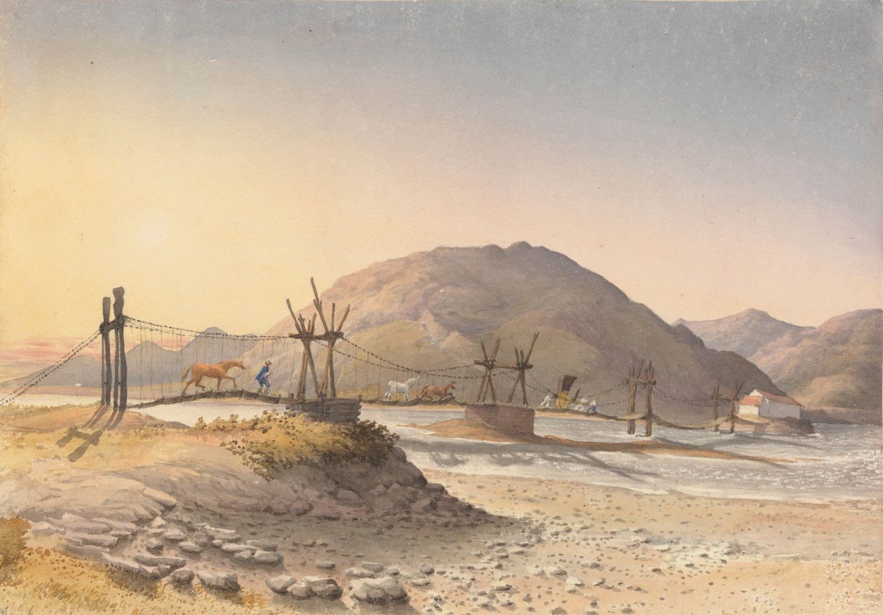 Hängebrücke aus Lederriemen (aber mit Kette repariert) über den Maypu, fünf Meilen südlich von Santiago, Chile, 11. Januar 1851 von Admiral Sir Edward Gennys Fanshawe