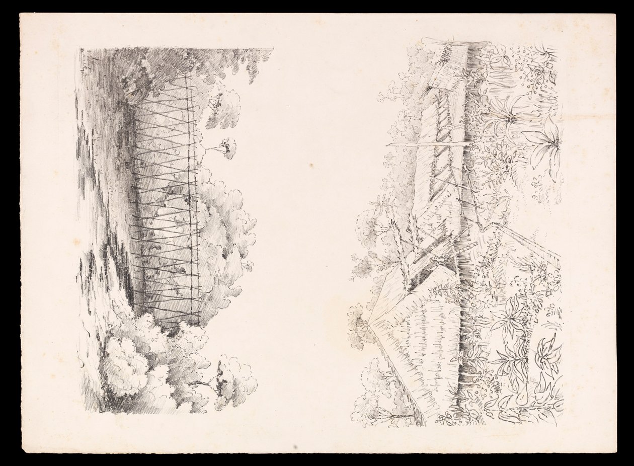 Dorf des Stang-Stammes, Sarawak, Borneo; und eine Brücke aus Stangen über einen Fluss aus dem Westindien-, Nordamerika- und Borneo-Sammelalbum, ca. 1845 von Admiral Sir Edward Gennys Fanshawe