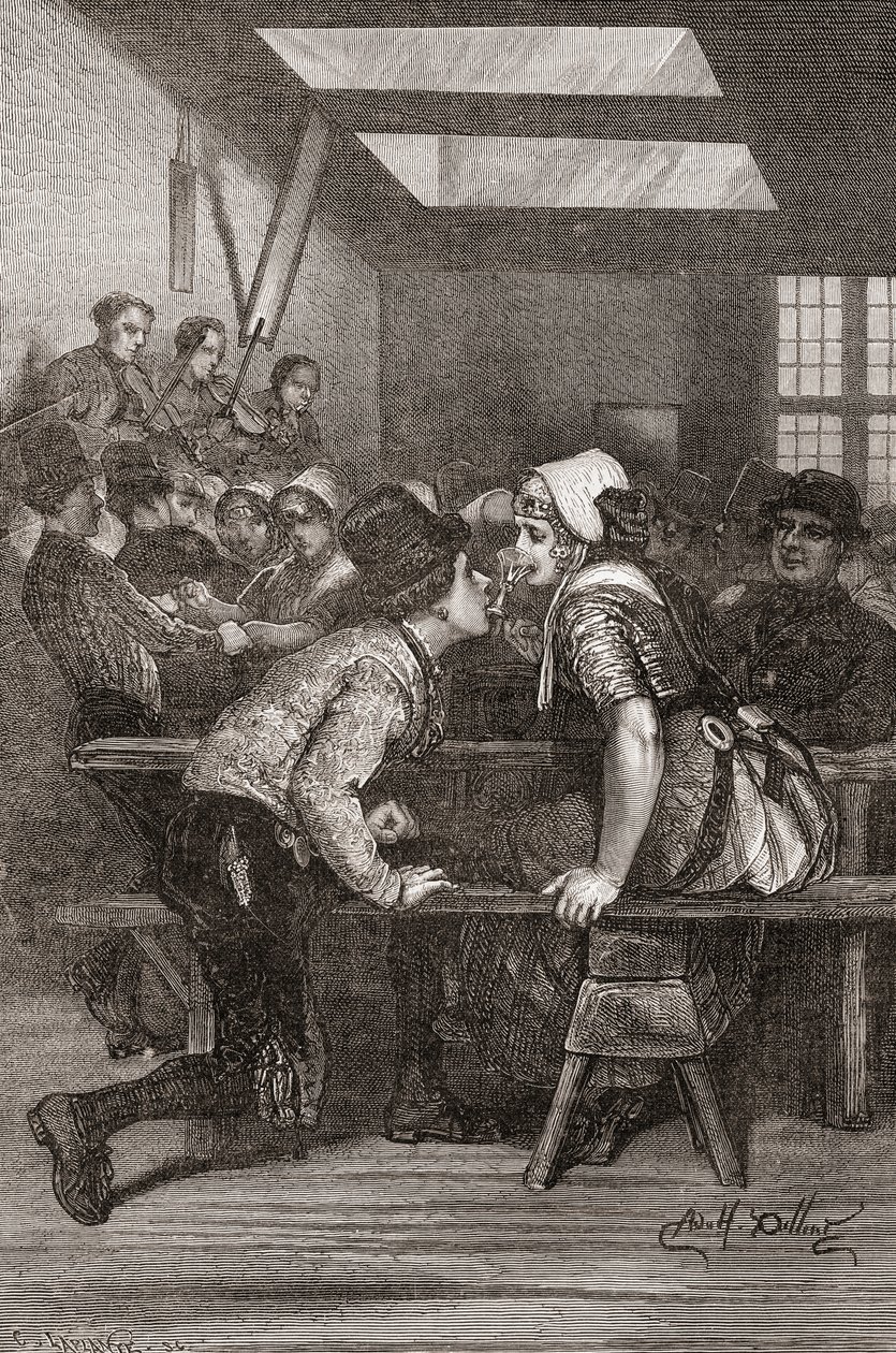 Ein junger Mann hält ein Glas in den Zähnen für seine Geliebte, Zeeland, Niederlande, Illustration aus 