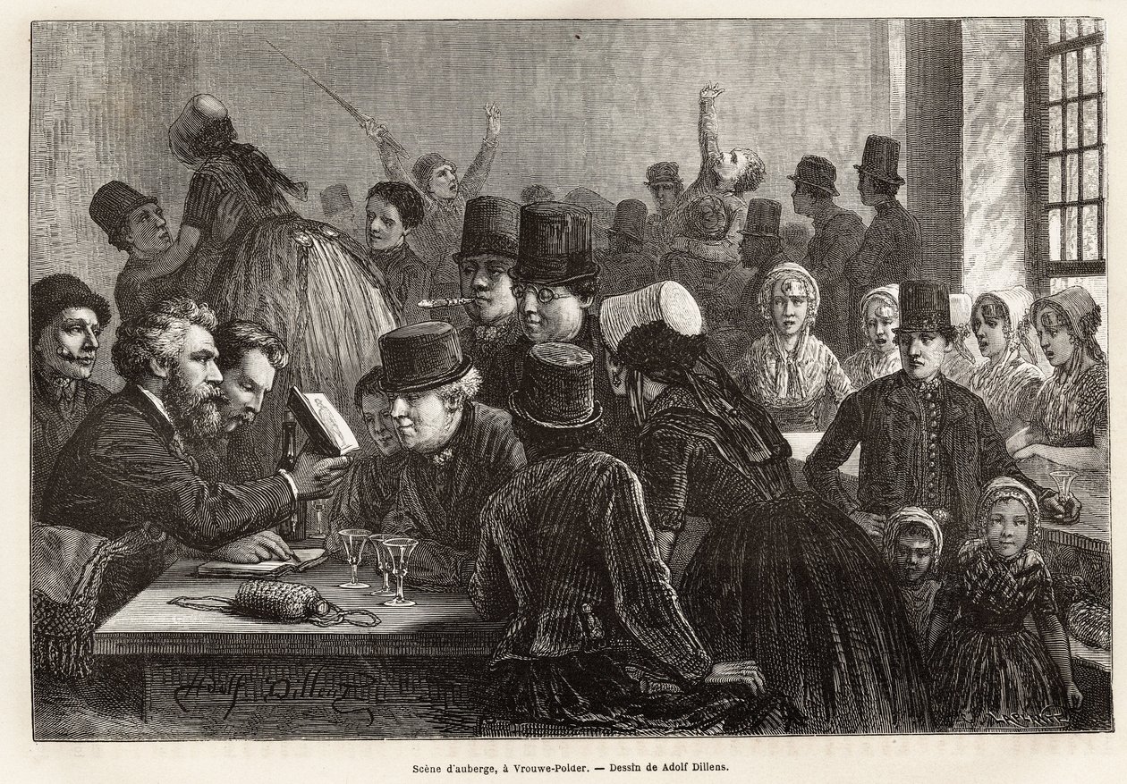 Szene in einer Herberge, in Vrouwe-Polder (Vrouwe Polder), Gravur nach der Zeichnung von Adolf Dillens, zur Illustration einer Reise nach Zeeland (Niederlande), 1873, von Charles de Coster, veröffentlicht in "Le tour du monde" 1874, herausgegeben von Edoua von Adolf Alexander Dillens