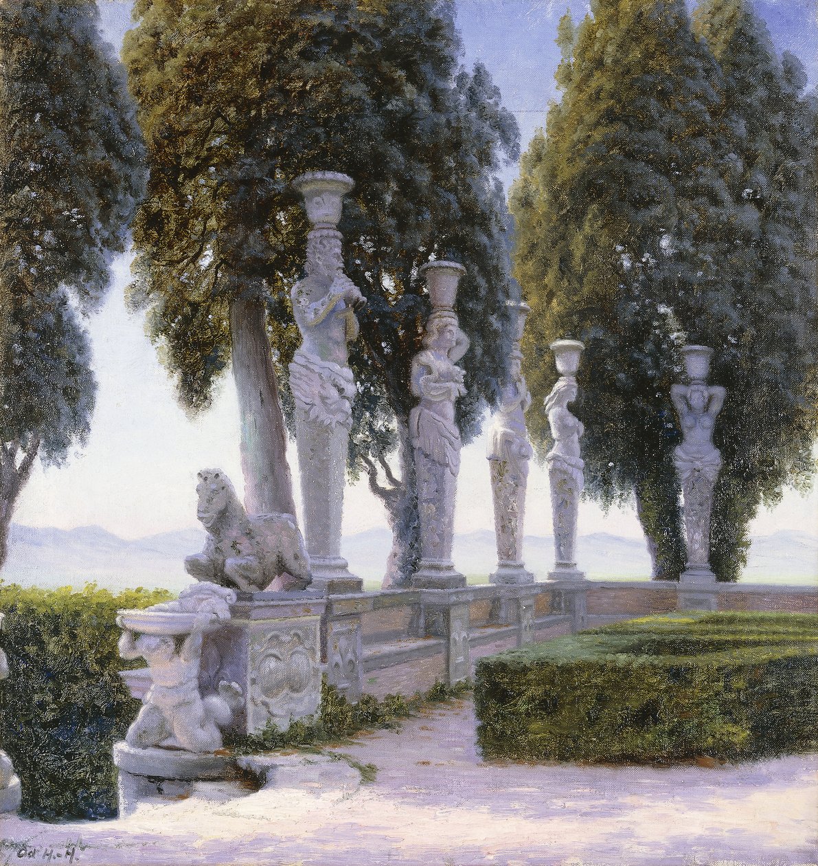 Platz mit Karyatiden im Park der Villa Farnese, Caprarola von Adolf Heinrich Hansen
