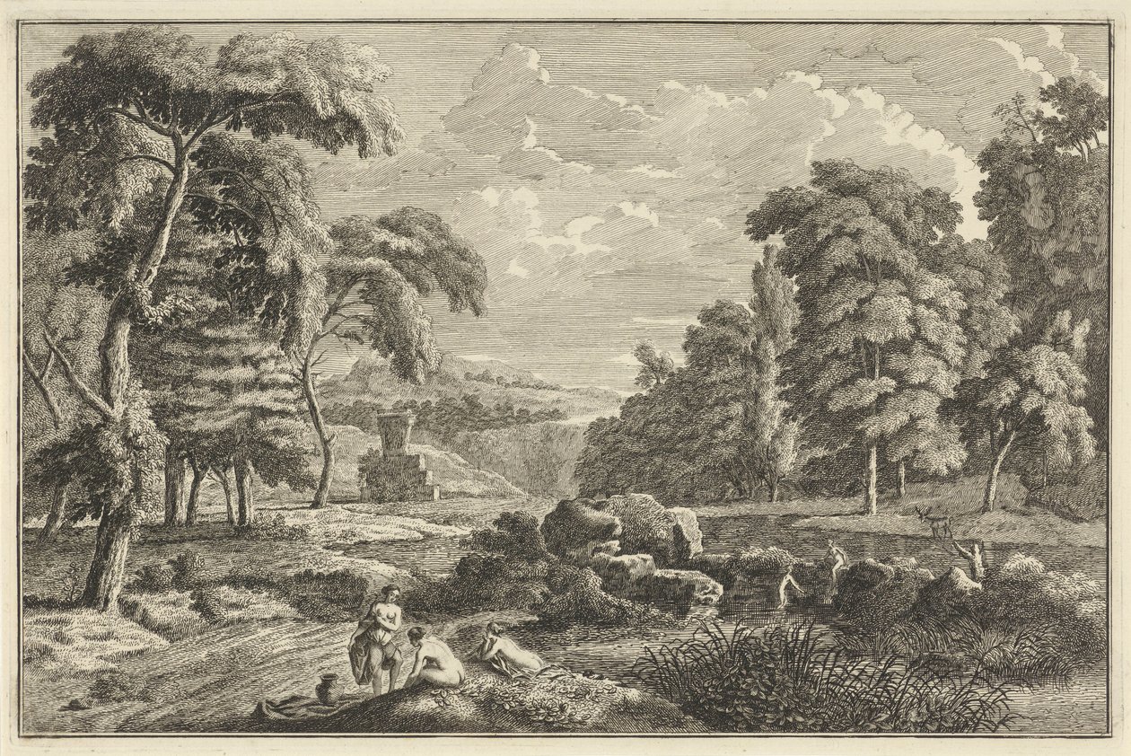 Arkadische Flusslandschaft mit fünf badenden Frauen und einem Hirsch von Adolf van der Laan