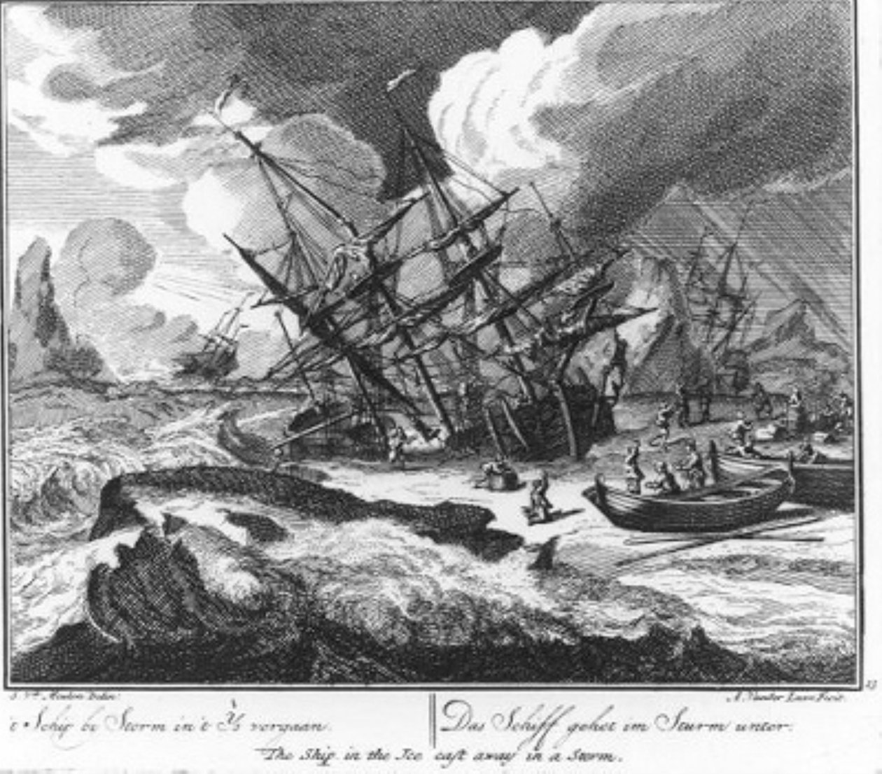 „Das Schiff geht bei einem Sturm im Eis unter“ (Nr. 13 aus der Serie über den Walfang) von Adolf van der Laan