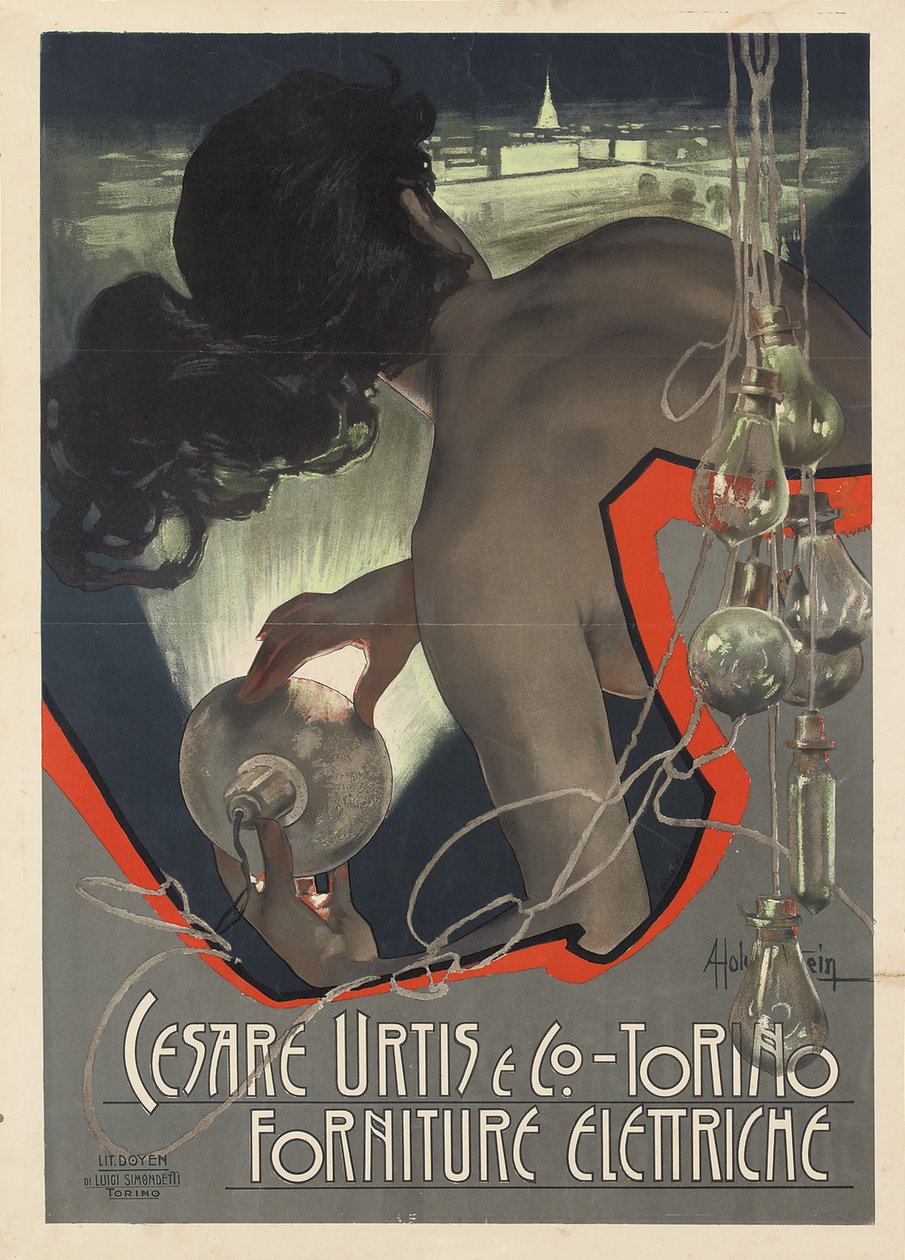 Werbeplakat für die italienische Beleuchtungsfirma Cesare Urtis & Co. aus Turin von Adolfo Hohenstein
