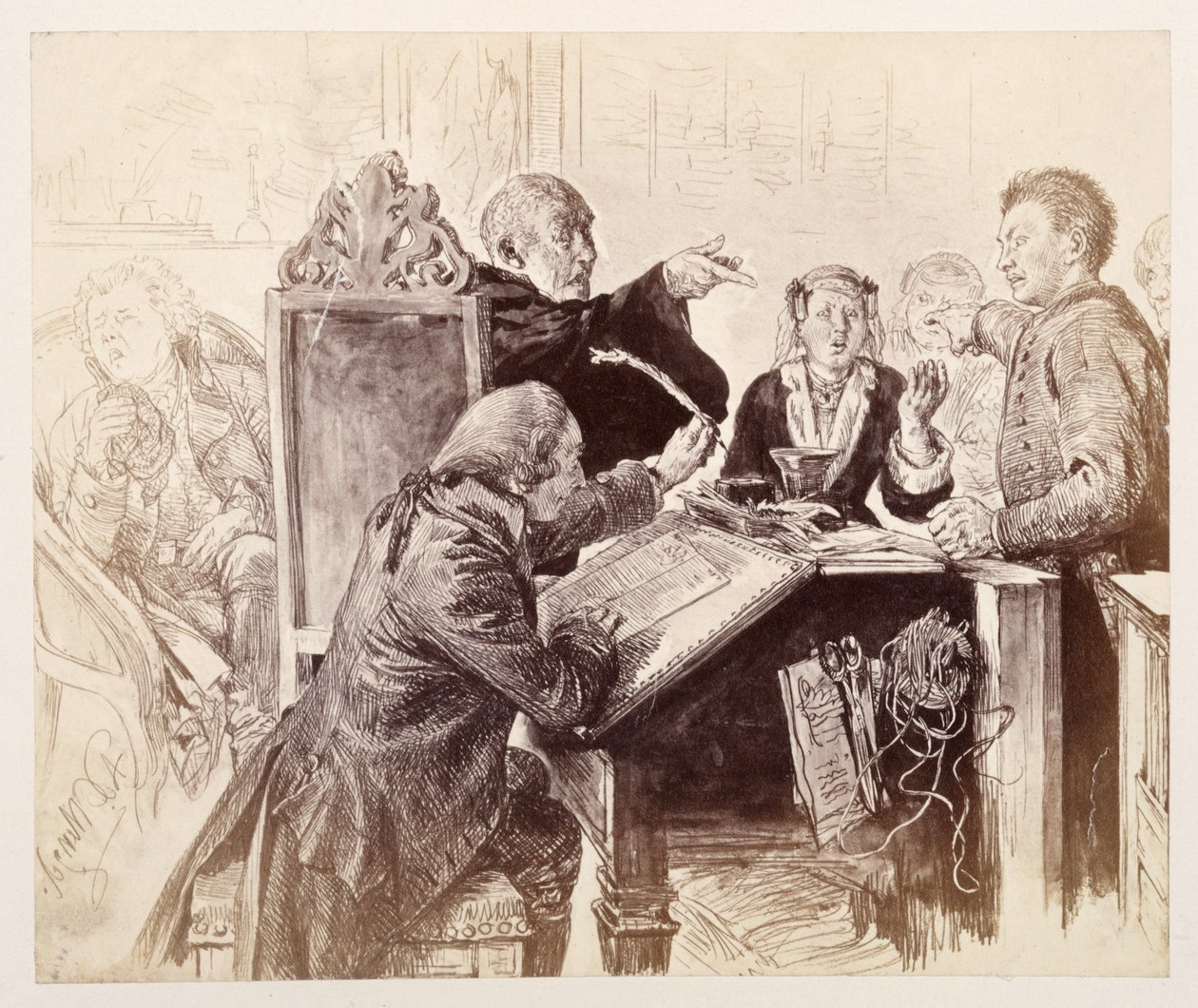 Adam redet während der Verhandlung auf Veit ein, vorn sitzt der Schreiber Licht und tunkt die Feder ein, rechts hinten der Gerichtsrat, im Begriff zu niesen, zu Heinrich von Kleist "Der zerbrochene Krug" von Adolph Menzel