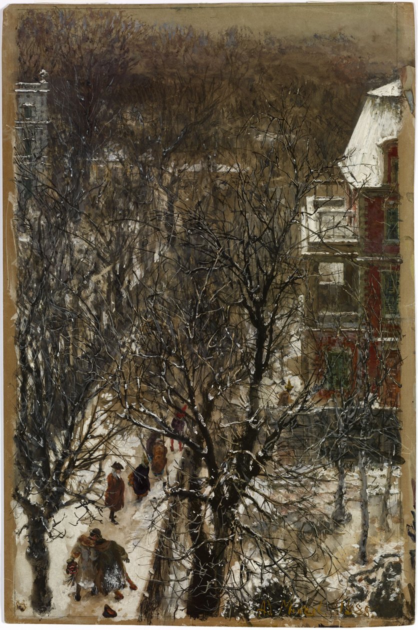 Aschermittwoch - Straße nach dem Karneval / Aschermittwochmorgen in der Hildebrandschen Privatstraße zu Berlin von Adolph Menzel