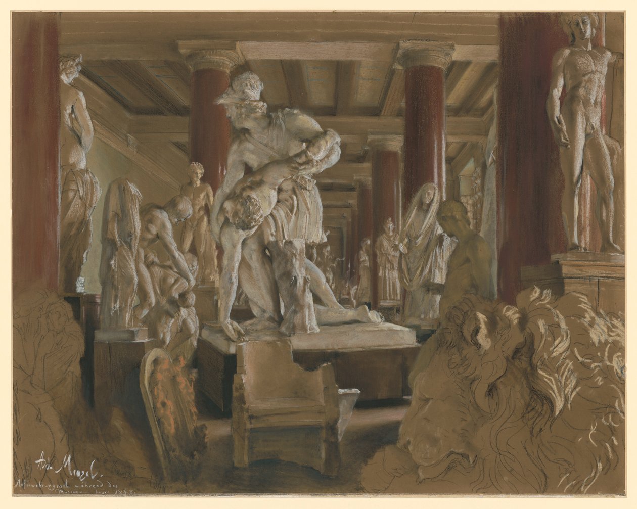 Aufbewahrungssaal der Gipsabgüsse während des Museumsneubaus im Alten Museum von Adolph Menzel