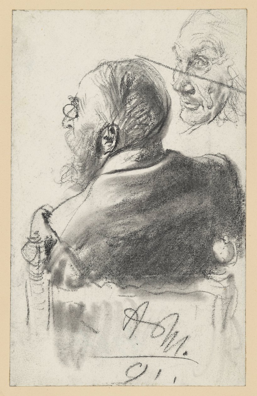 Bärtiger Mann mit Zwicker im Lehnstuhl sitzend, Rückenansicht, Gesicht eines alten Mannes von Adolph Menzel
