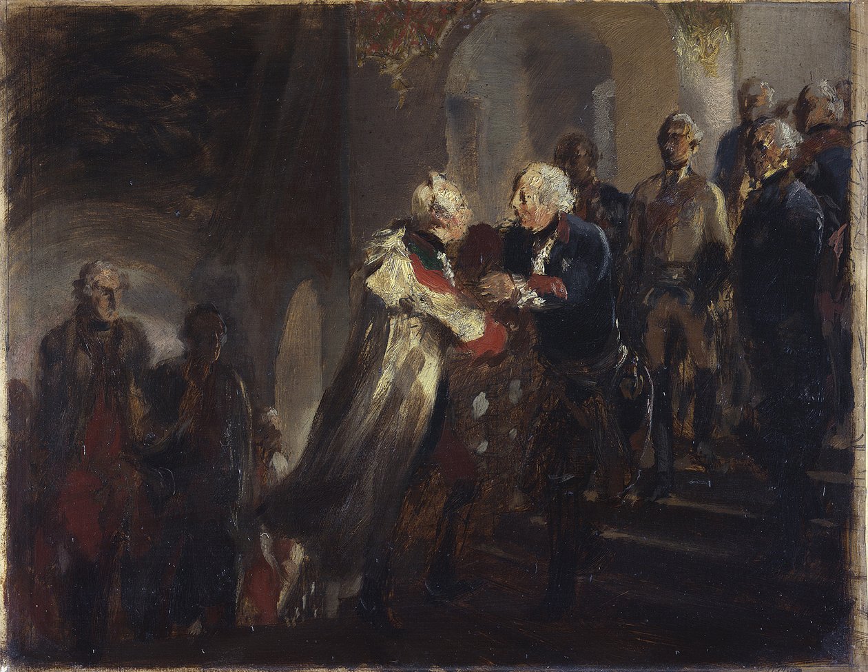Begegnung Friedrichs II. mit Kaiser Joseph II. in Neiße im Jahre 1769. Skizze von Adolph Menzel