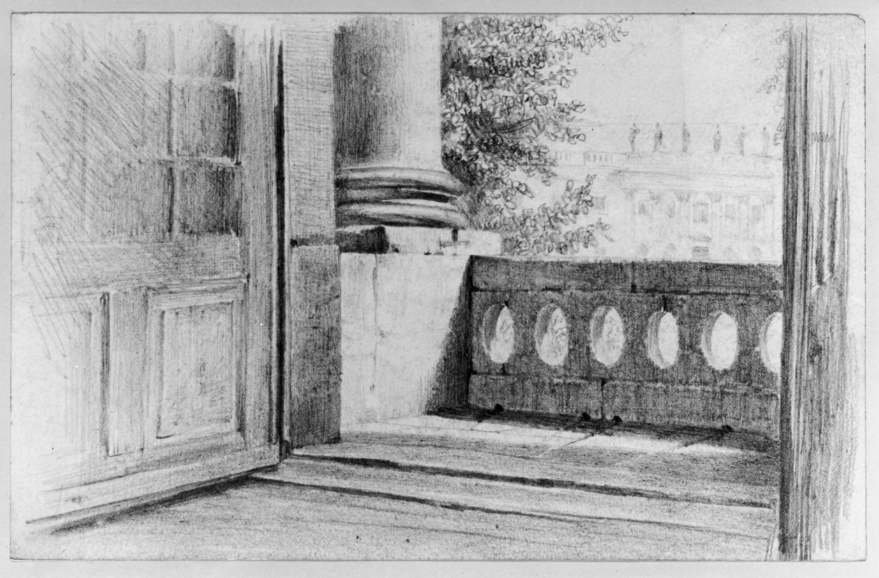 Blick aus der Königlichen Bibliothek auf den Mittelrisalit der östlichen Laufseite der Oper in Berlin von Adolph Menzel