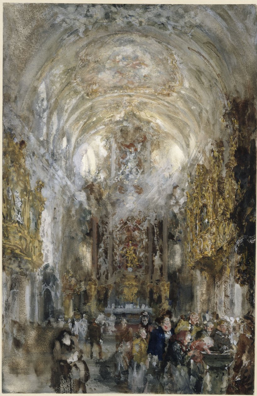 Blick in die Stiftskirche Unserer Lieben Frau zur Alten Kapelle in Regensburg, vorn rechts Personen am Weihwasserbecken von Adolph Menzel
