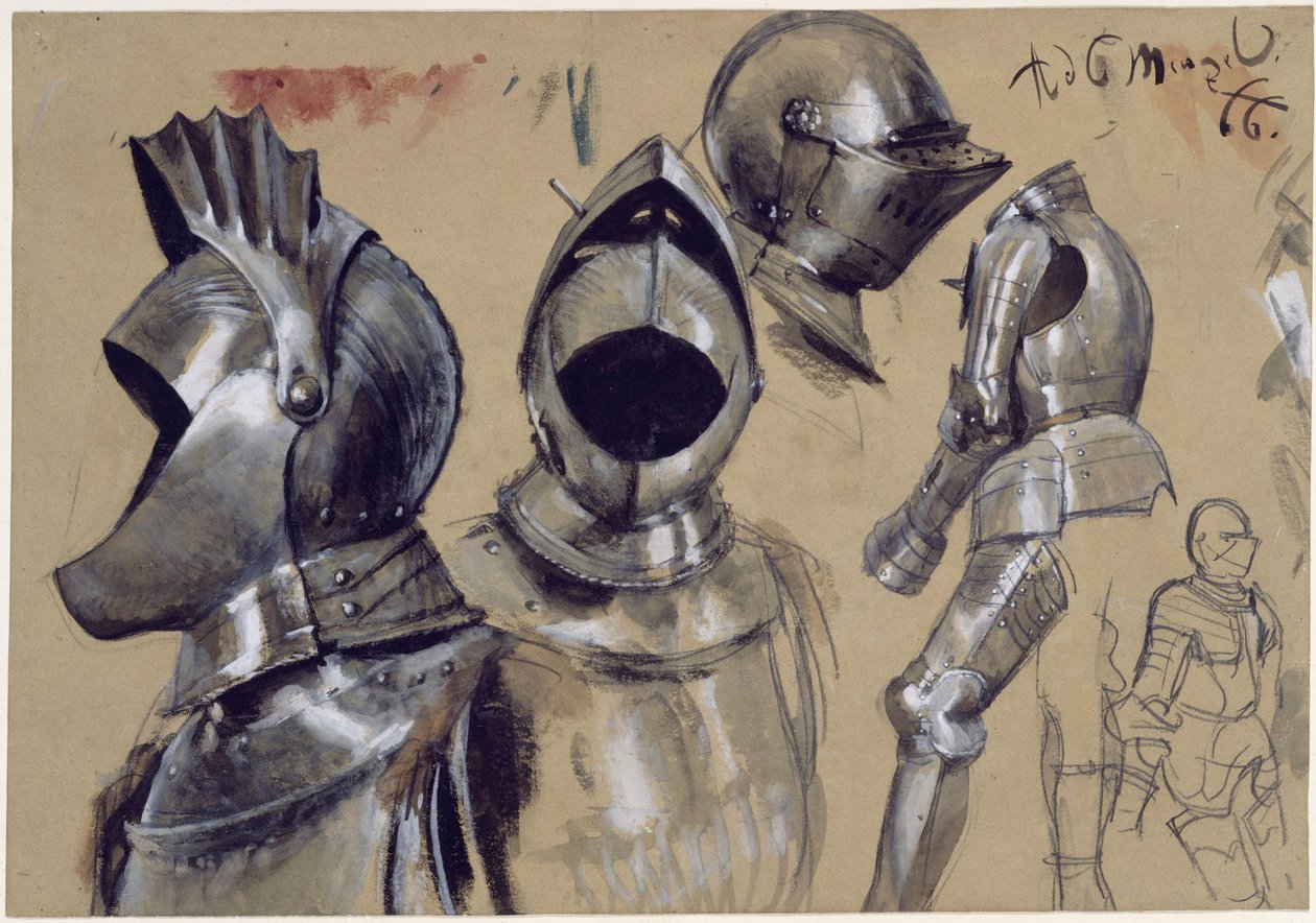 Brust und Kopfharnische in drei Ansichten, zwei stehende Rüstungen von Adolph Menzel