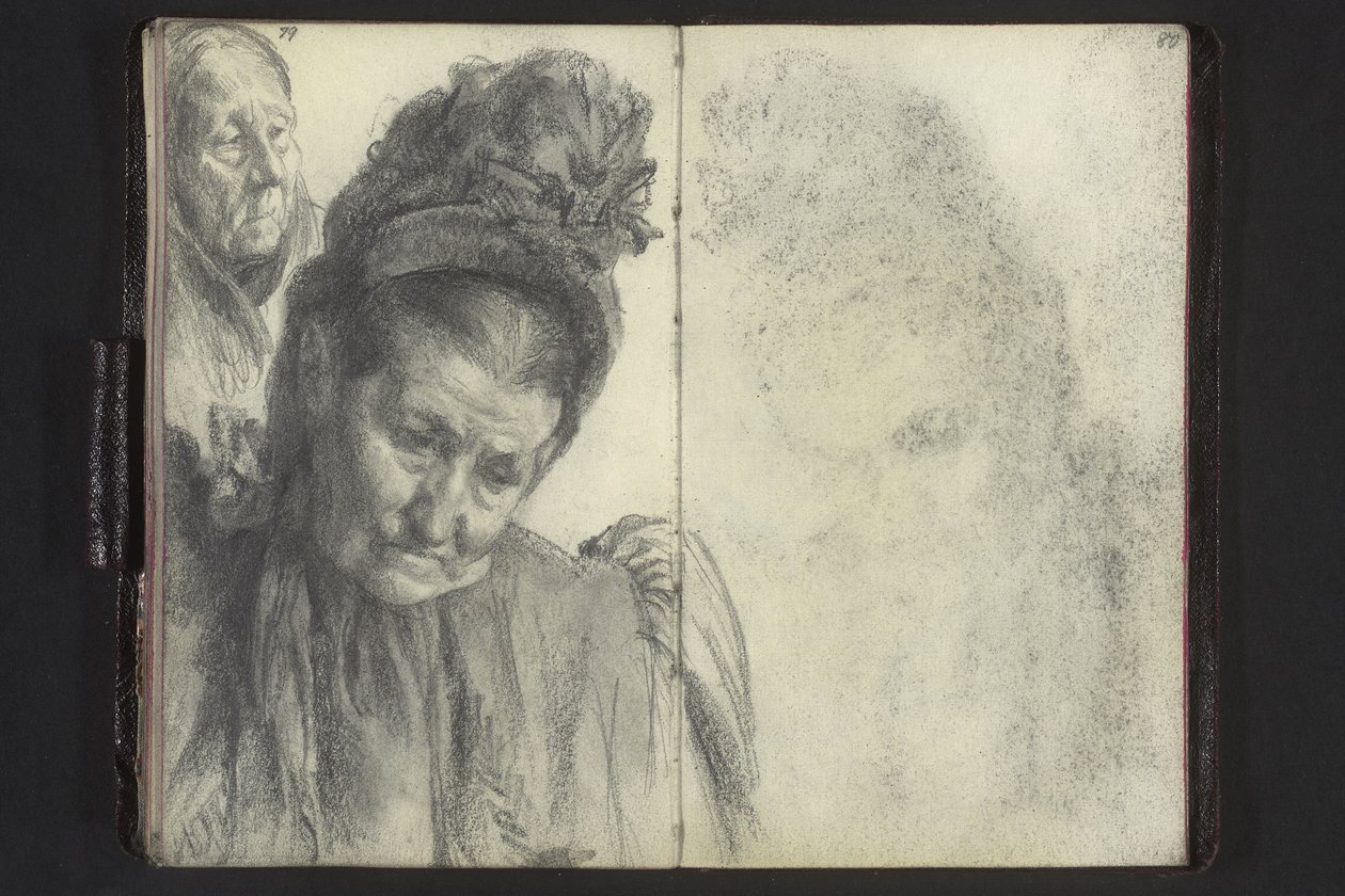 Brustbild einer alten Frau mit Hut, Frauenkopf mit Umschlagtuch von Adolph Menzel
