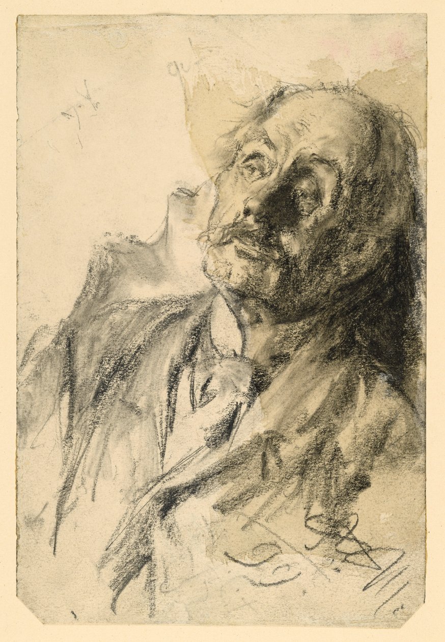 Brustbild eines älteren Mannes mit Schnurrbart, nach rechts zurückgelehnt von Adolph Menzel