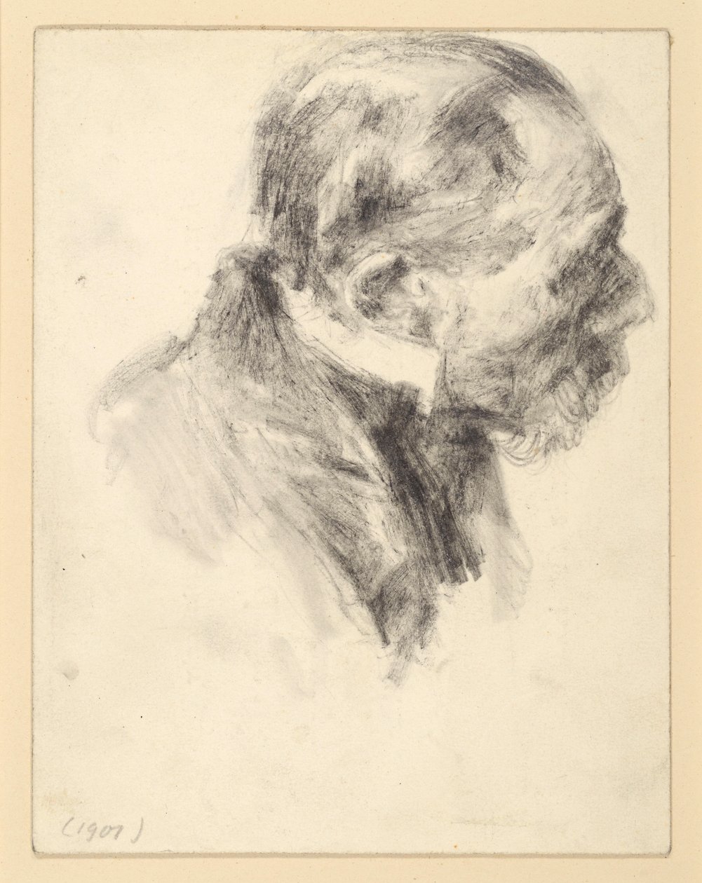 Brustbild eines bärtigen älteren Mannes mit Stehkragen, vorgebeugt, nach rechts von Adolph Menzel