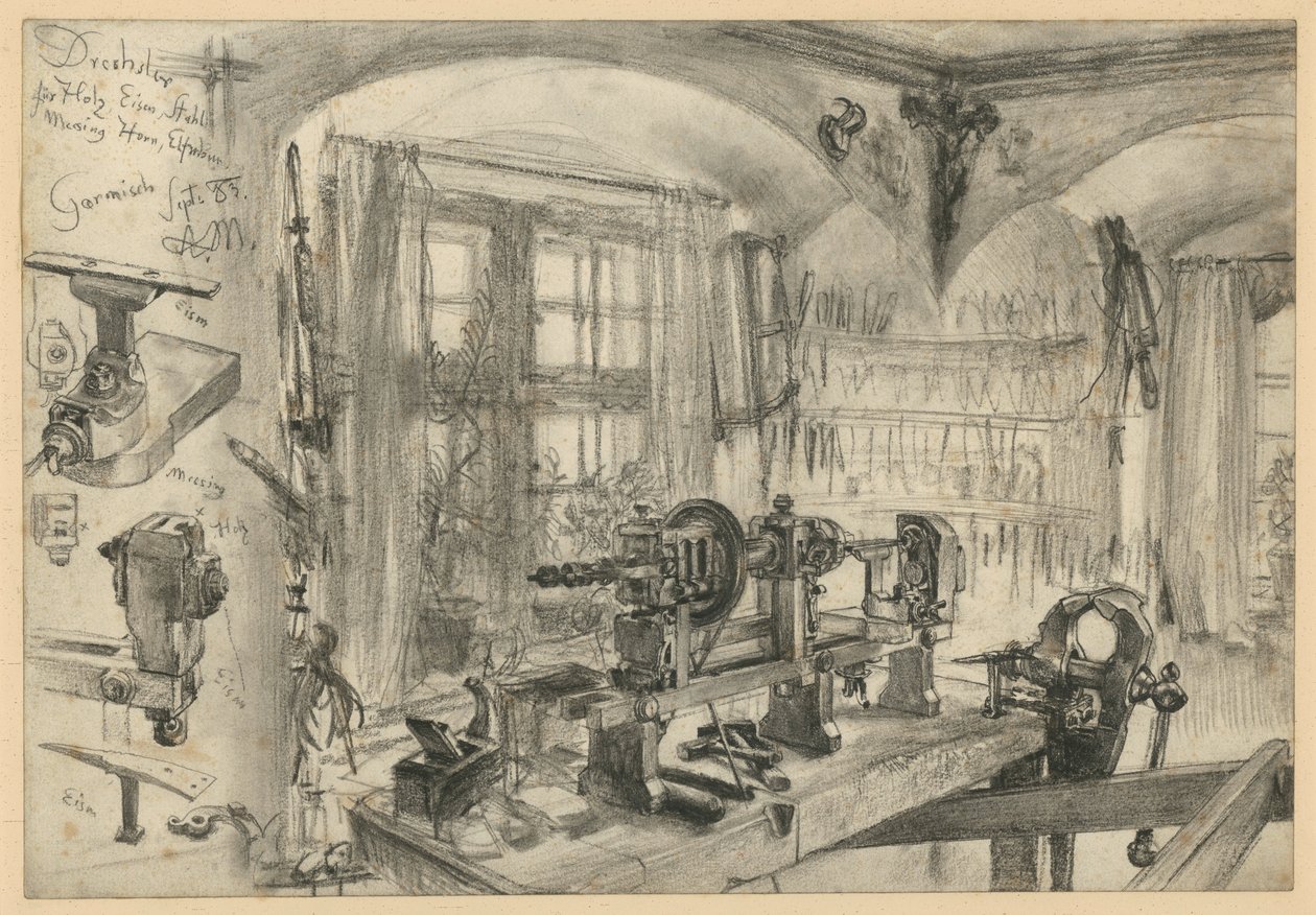Drechslerwerkstatt in Garmisch, mit Details von Adolph Menzel